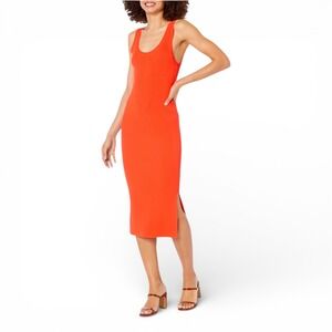 The Drop Yasmin Rib Knit Midi Dress Fire Orange Sleeveless Side Slit‎ M